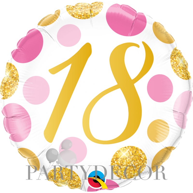 18-as számos születésnapi héliumos lufi 45 cm-es pink-arany pöttyös