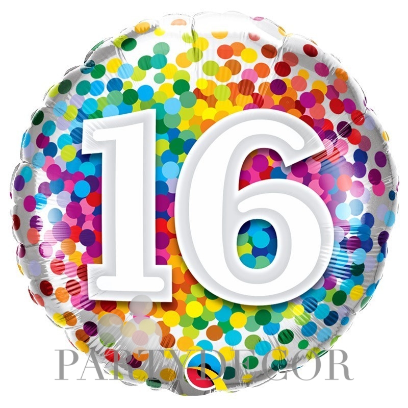 16-os számos szülinapi héliumos fólia lufi színes konfetti mintával