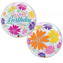 Héliumos szülinapi lufi virág mintával, Happy Birthday felirattal - 56 cm