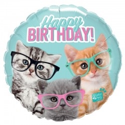 Héliumos szülinapi fólia lufi szemüveges cicákkal, Happy Birthday felirattal