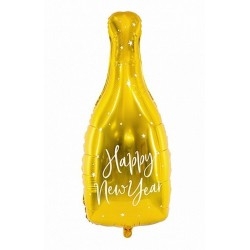 Happy New Year feliratos arany pezsgősüveg formájú szilveszteri héliumos fólia lufi