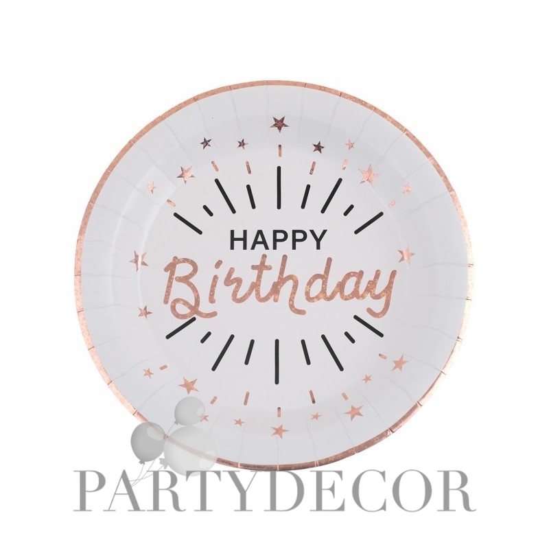 Rosegold glitteres szülinapi tányér Happy Birthday felirattal - 10 db