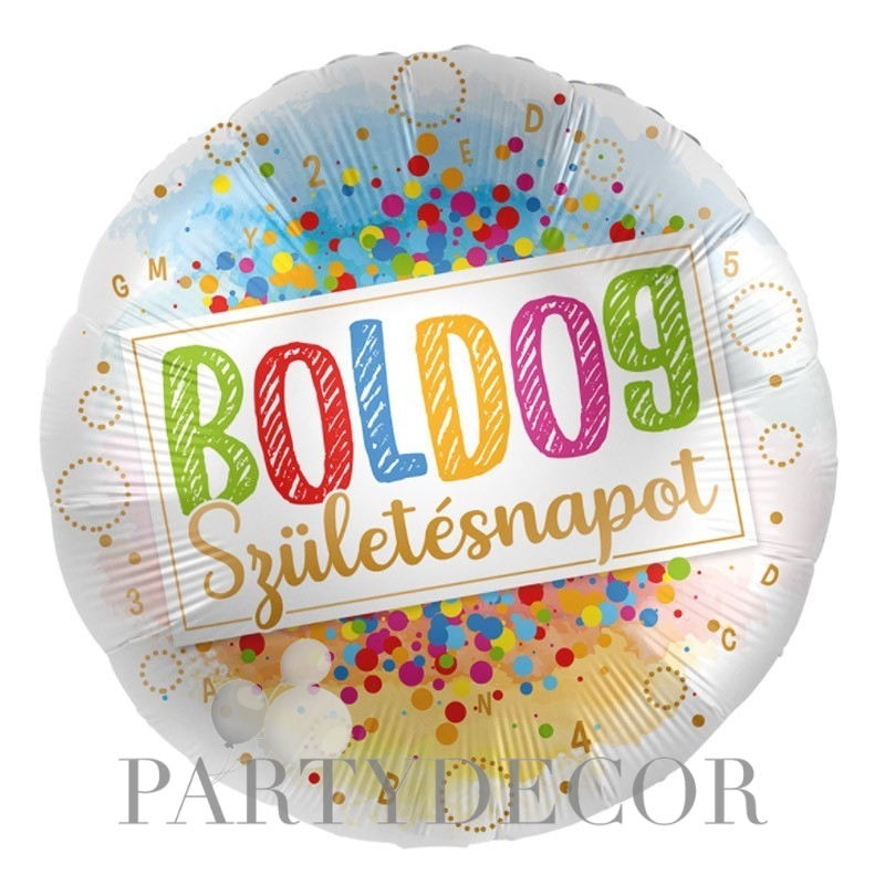 "Boldog születésnapot" feliratos szülinapi héliumos fólia lufi színes konfetti mintával