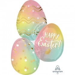 Színes, mintás húsvéti tojások héliumos fólia lufi Happy Easter felirattal