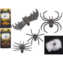 Pókok vagy pókok és denevér dekoráció szett pókhálóval halloweenra (2 féle szett - választható)