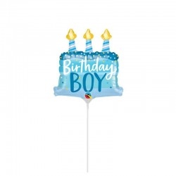 Birthday Boy feliratos torta formájú pálcás lufi