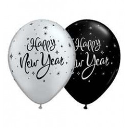 11 inch-es New Year Sparkle Black és Silver Assorted Lufi 