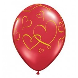 11 inch-es Romantic Heart - Arany Szíves Mintás Ruby Red Lufi